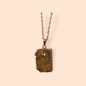 Genuine Stone Gold Druzy Sqaure Pendant. Rose Gold